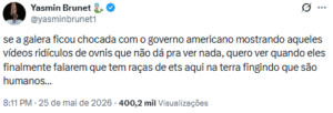 Yasmin Brunet agita redes sociais com teoria de extraterrestres vivendo entre humanos