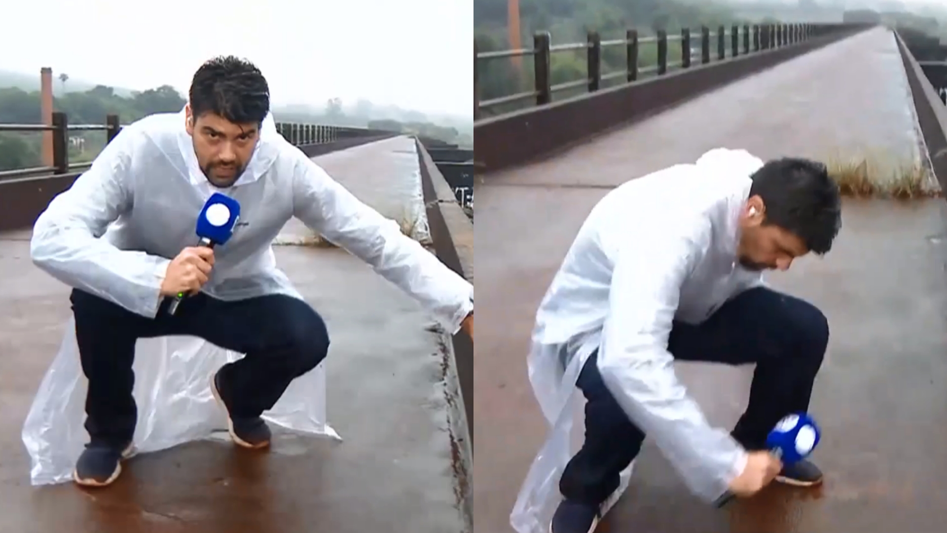 Repórter se desequilibra em ponte ao vivo e alerta para perigos em cobertura de tragédia
