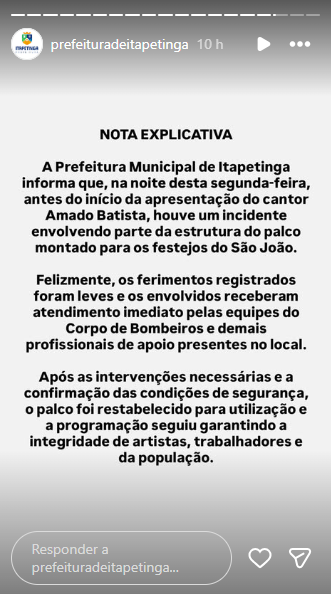 Incidente com estrutura de palco marca show de Amado Batista em Itapetinga