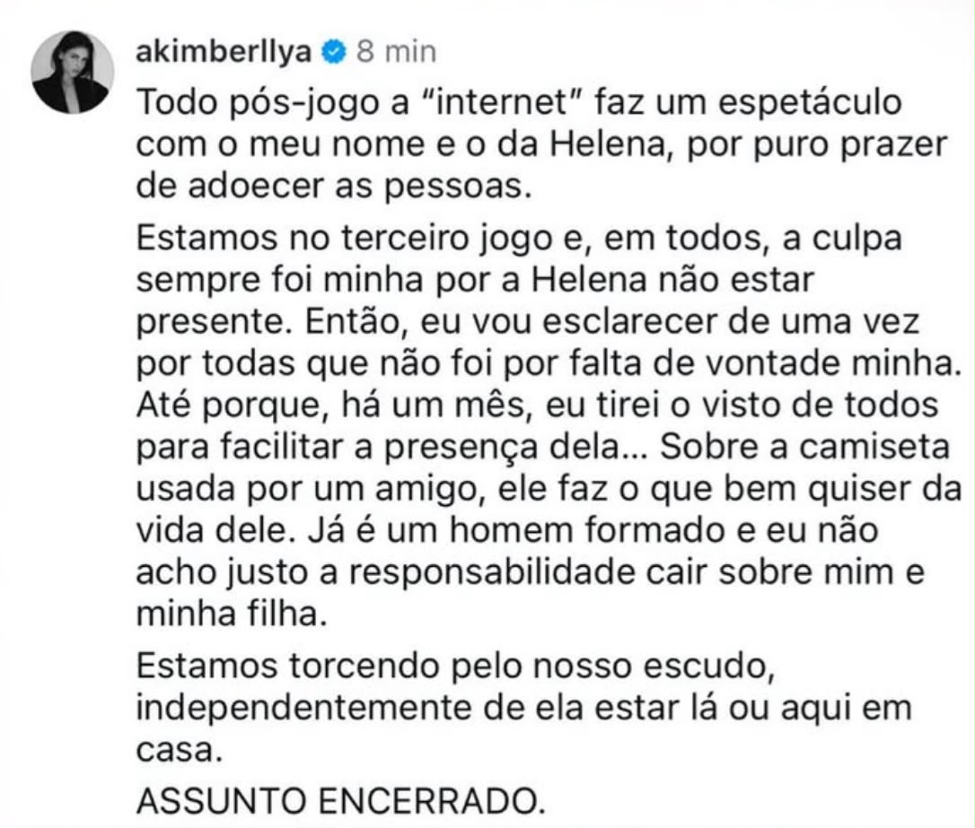 Amanda Kimberlly rebate críticas sobre ausência de Helena em jogos de Neymar